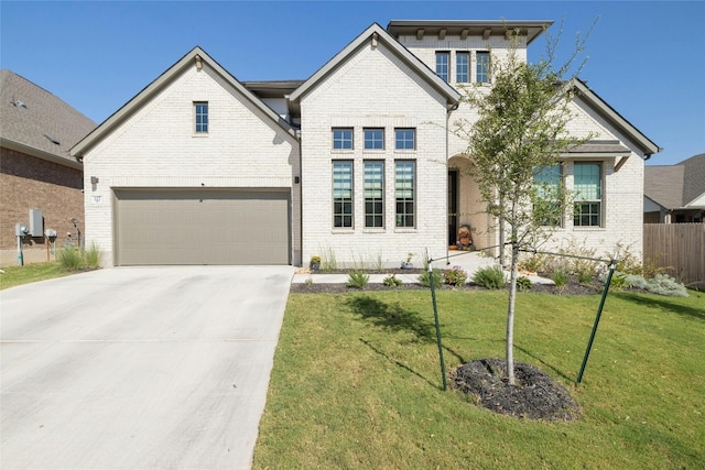 view of front of property featuring brick siding, fence, concrete driveway, a front yard, and an attached garage