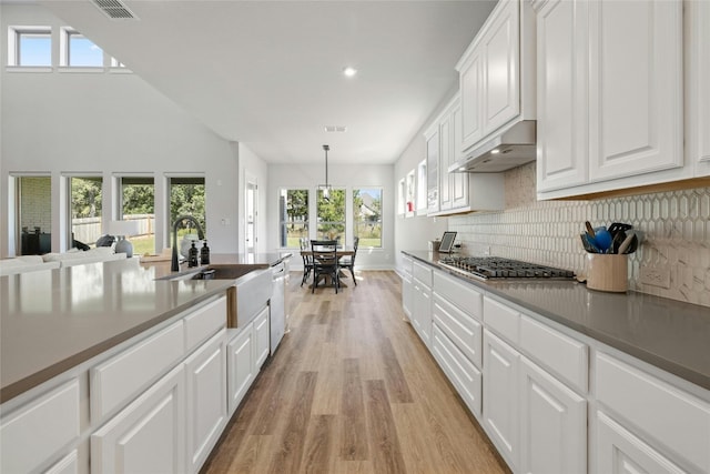 kitchen with a sink, appliances with stainless steel finishes, under cabinet range hood, white cabinetry, and backsplash