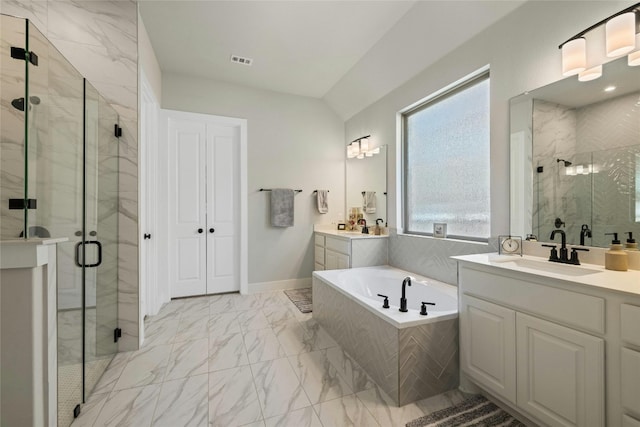 full bathroom featuring visible vents, a shower stall, a garden tub, marble finish floor, and a sink