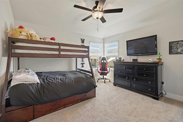 bedroom featuring a ceiling fan, carpet, and baseboards