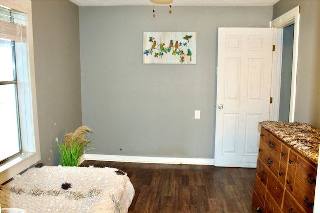 interior space with baseboards and dark wood-type flooring