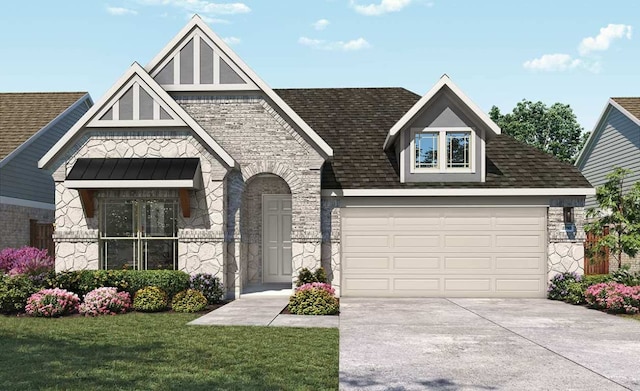 view of front of property with a front yard, roof with shingles, concrete driveway, a garage, and stone siding