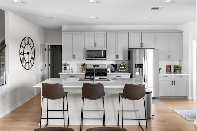 kitchen with a kitchen island with sink, gray cabinets, a sink, appliances with stainless steel finishes, and light countertops