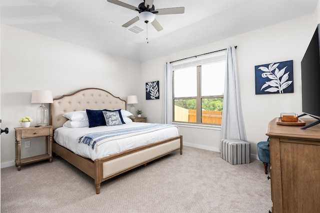 bedroom with ceiling fan, carpet, visible vents, and baseboards