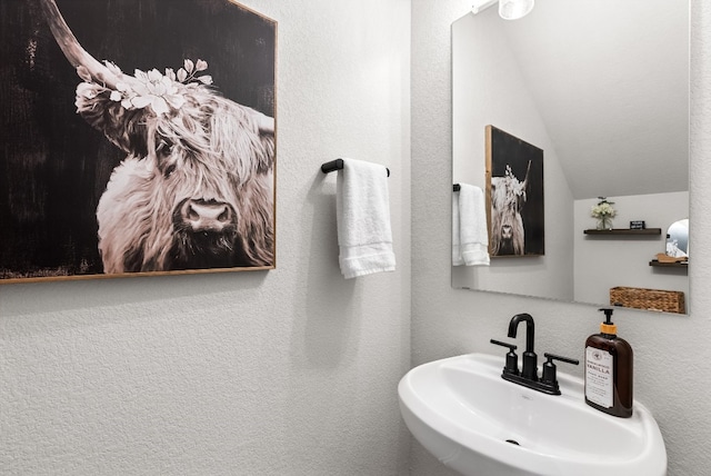 bathroom with a sink, lofted ceiling, and a textured wall