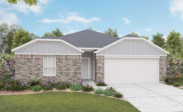 213 Seattle Slew Dr, Jarrell, TX 76537 - view of front of home featuring an attached garage, concrete driveway, brick siding, a front yard, and roof with shingles