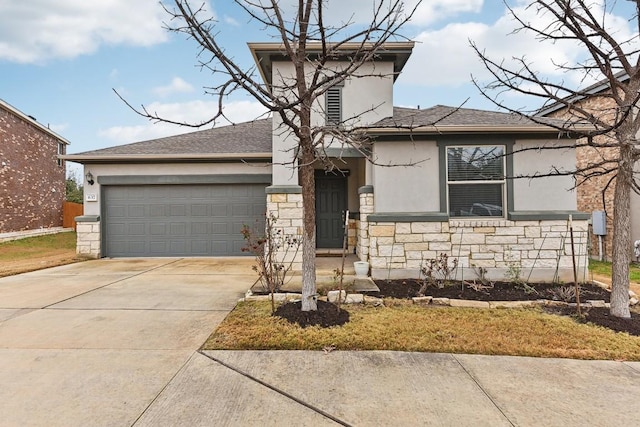 view of front facade with roof with shingles, stucco siding, driveway, stone siding, and an attached garage