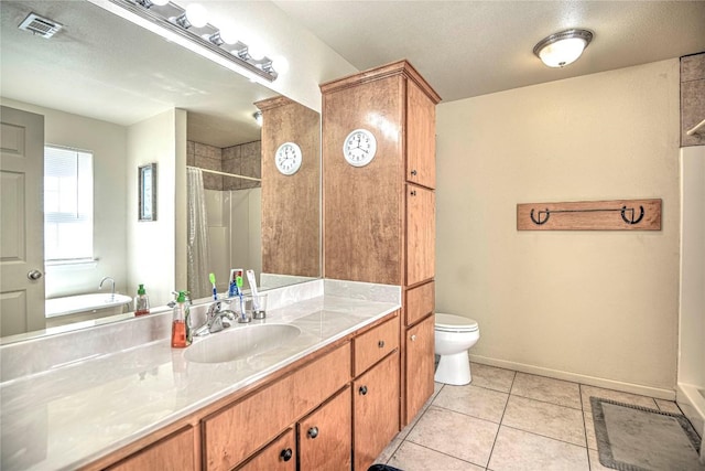 full bathroom with visible vents, a shower with curtain, tile patterned flooring, baseboards, and vanity