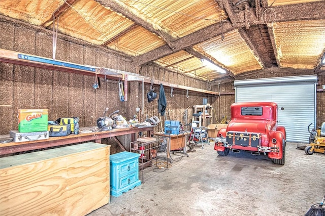 garage featuring a workshop area