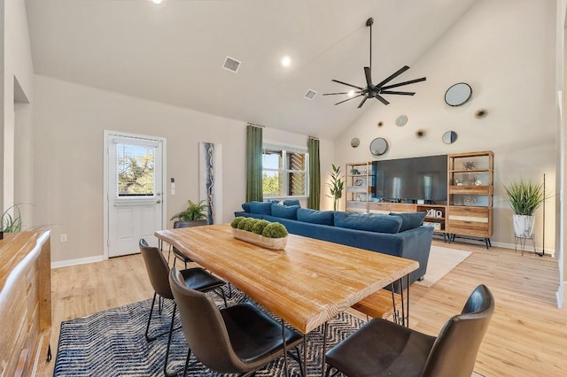 dining space featuring a wealth of natural light, visible vents, high vaulted ceiling, and light wood finished floors