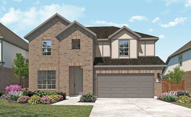 view of front of house featuring a garage, brick siding, driveway, and roof with shingles