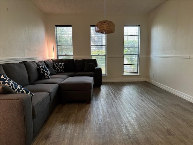 living area featuring wood finished floors, baseboards, and a healthy amount of sunlight