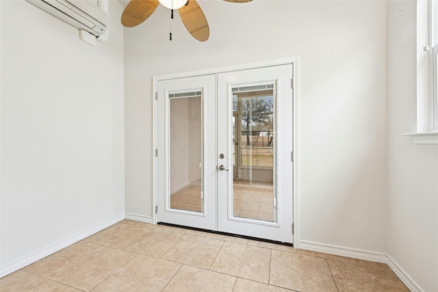 doorway to outside with light tile patterned floors, french doors, baseboards, and a wall mounted AC