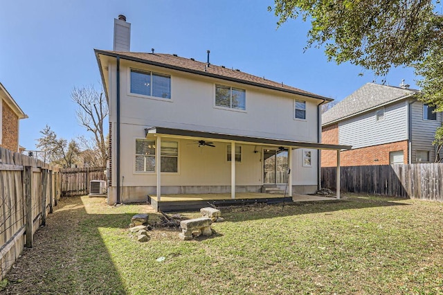 1703 Pecos Valley Cv, Round Rock, TX 78665 - back of property featuring ceiling fan, a chimney, a patio, and central air condition unit