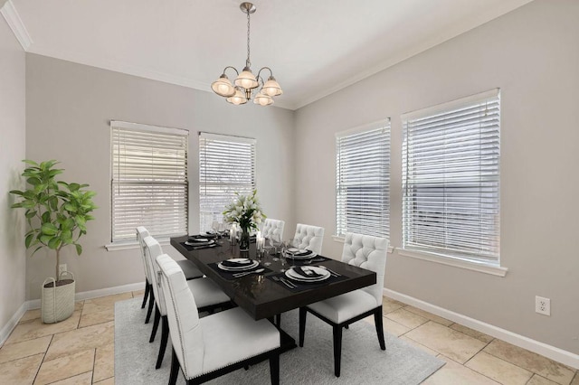 dining space with crown molding, light tile patterned floors, baseboards, and a chandelier