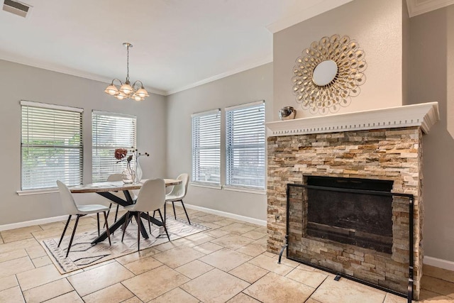 1703 Pecos Valley Cv, Round Rock, TX 78665 - dining area featuring ornamental molding, baseboards, a chandelier, and a fireplace