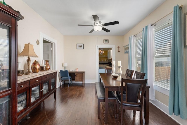 dining area with ceiling fan, dark wood-type flooring, and baseboards