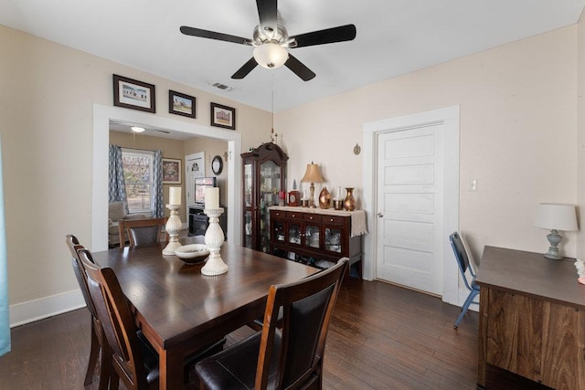 dining room featuring visible vents, baseboards, dark wood-type flooring, and ceiling fan