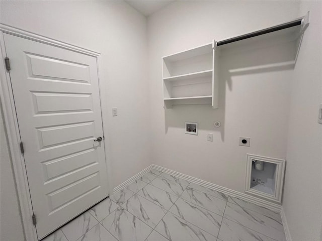 20425 Gillbrand Rd, Manor, TX 78653 - laundry room with electric dryer hookup, light marble finish flooring, gas dryer hookup, and washer hookup