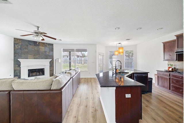 kitchen with light wood finished floors, open floor plan, an island with sink, and a sink