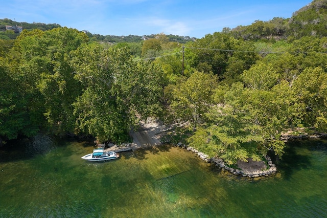 birds eye view of property with a view of trees and a water view