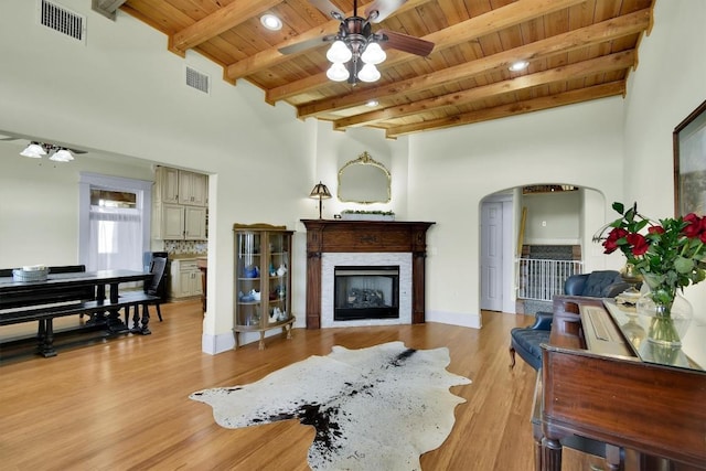 living area with wooden ceiling, a fireplace, and visible vents