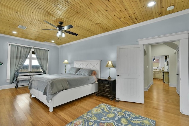 bedroom with crown molding, wood finished floors, wood ceiling, and visible vents