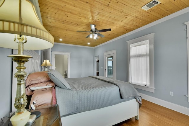 bedroom with visible vents, baseboards, wooden ceiling, and crown molding