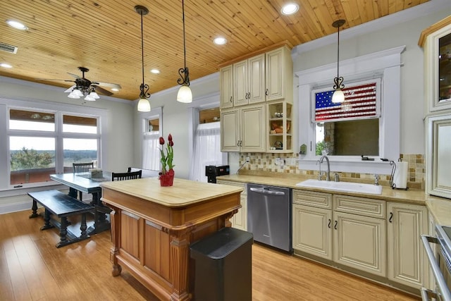 kitchen featuring a sink, stainless steel dishwasher, light countertops, decorative backsplash, and wood ceiling