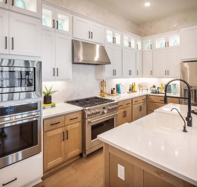 kitchen with under cabinet range hood, appliances with stainless steel finishes, white cabinets, and a sink