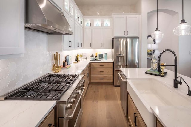 kitchen with ventilation hood, wood finished floors, a sink, hanging light fixtures, and stainless steel appliances