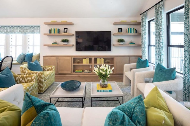 living area featuring wood finished floors and vaulted ceiling