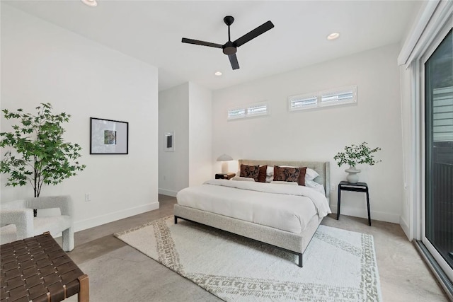 bedroom featuring access to exterior, recessed lighting, baseboards, and ceiling fan