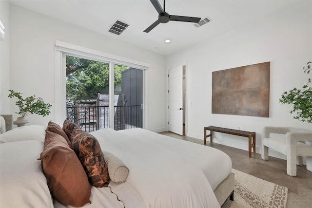 bedroom with baseboards, visible vents, recessed lighting, ceiling fan, and access to exterior