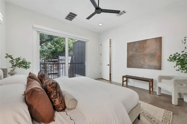 bedroom with access to exterior, finished concrete floors, a ceiling fan, recessed lighting, and baseboards