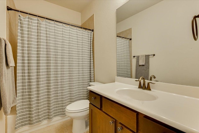 bathroom featuring shower / bath combination with curtain, toilet, and vanity