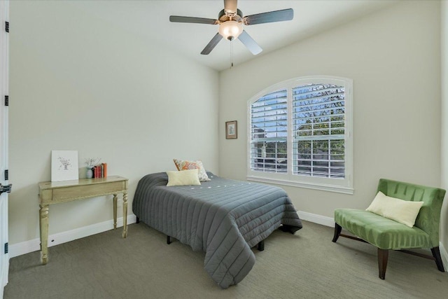 bedroom with carpet flooring, ceiling fan, and baseboards