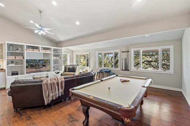 game room featuring baseboards, dark wood-style floors, pool table, and vaulted ceiling