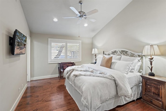 bedroom with ceiling fan, baseboards, lofted ceiling, recessed lighting, and hardwood / wood-style flooring