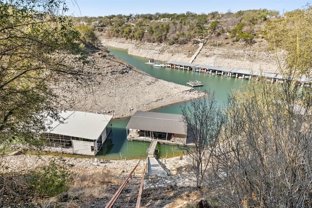 drone / aerial view with a water view