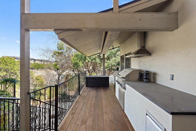 wooden terrace featuring area for grilling and a grill