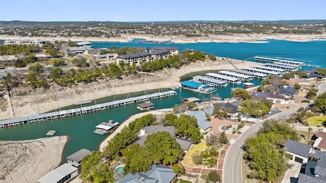 aerial view featuring a water view and a residential view