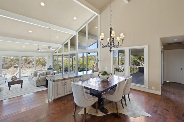 dining area with recessed lighting, baseboards, high vaulted ceiling, and dark wood-style floors