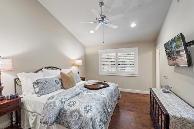 bedroom with a ceiling fan, baseboards, lofted ceiling, recessed lighting, and dark wood-type flooring