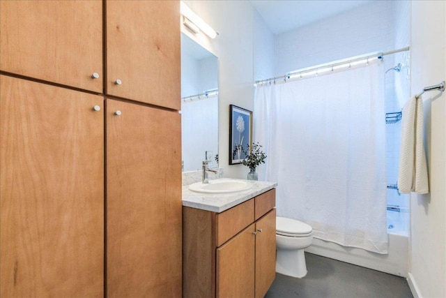 full bathroom with vanity, shower / tub combo, toilet, and finished concrete floors