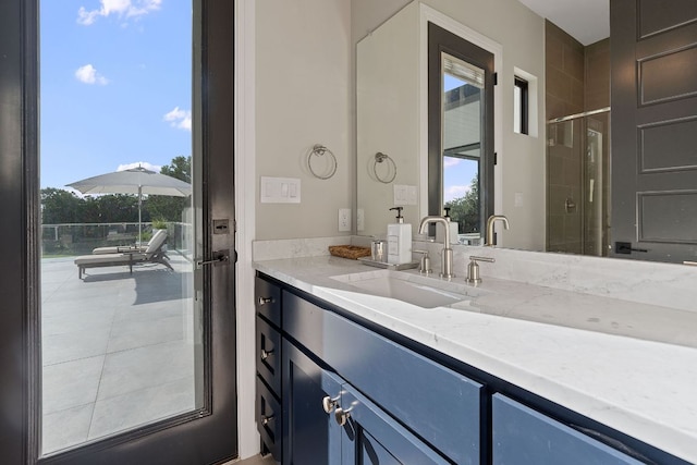 bathroom featuring vanity, a shower stall, and plenty of natural light