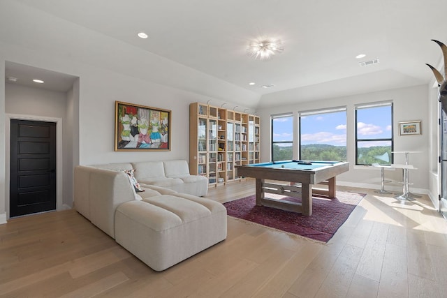 playroom featuring pool table, recessed lighting, light wood-style floors, and visible vents