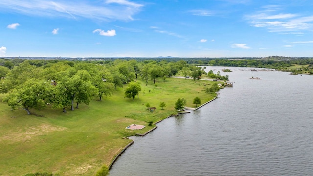 drone / aerial view with a view of trees and a water view