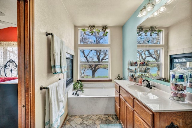 full bathroom with a wealth of natural light, a garden tub, and vanity