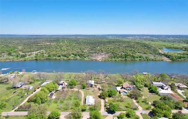 drone / aerial view featuring a view of trees and a water view